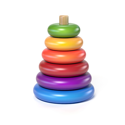 juguete de los niños de la pirámide de madera hecha de anillos de colores sobre un fondo blanco de procesamiento 3d photo