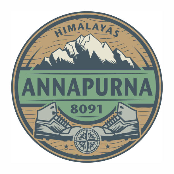 illustrazioni stock, clip art, cartoni animati e icone di tendenza di timbro o emblema con testo annapurna, himalaya - sign hiking north sport symbol