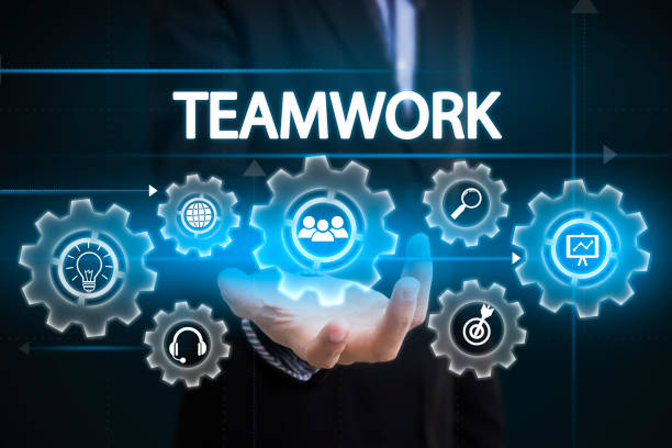 istock Businessman hand holding wording teamwork. sign on virtual screen. business concept. 873196152