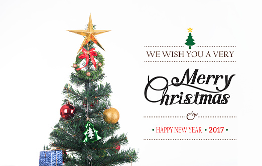 decorative with gift box on christmas tree and Merry Christmas and Happy New Year 2017 text on white background.