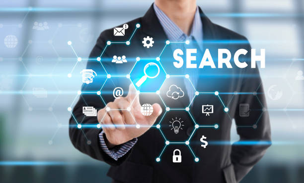 istock Businessman hand pressing button Search. sign on virtual screen. business concept. 873204650