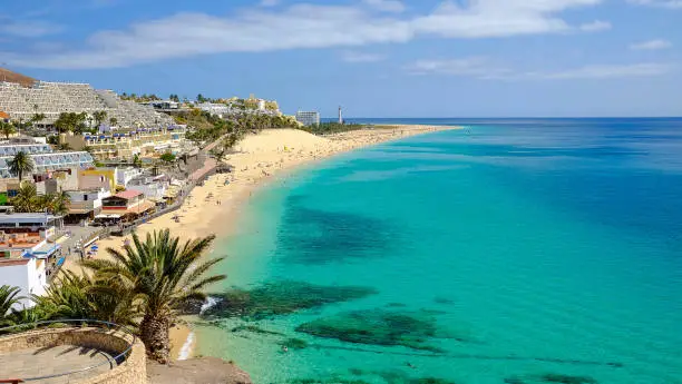 Aerial view on the beach in Playa del Matorral in Morro Jable, Canary Island Fuerteventura, Spain.