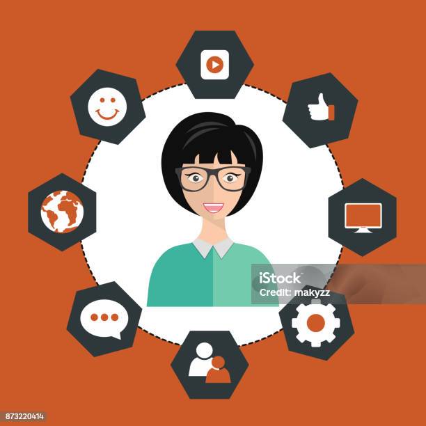 Woman Presenting Customer Relationship Management System For Managing Interactions With Current And Future Customers Flat Vector Illustration Stock Illustration - Download Image Now