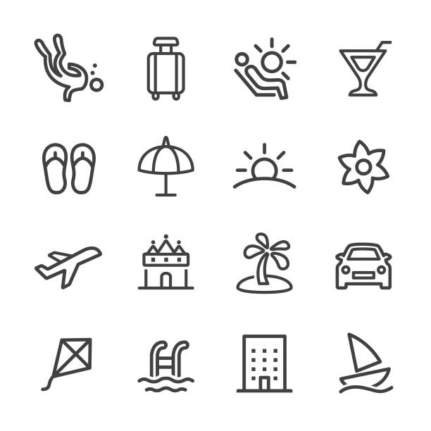 휴일과 여름 아이콘-라인 시리즈 - sailboat sign nautical vessel shape stock illustrations