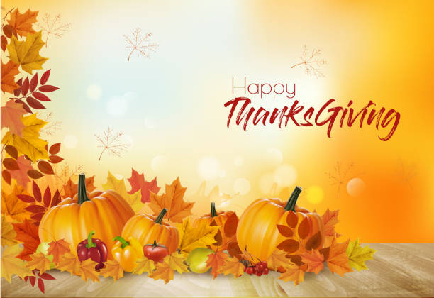 ilustraciones, imágenes clip art, dibujos animados e iconos de stock de fondo de acción de gracias feliz con verduras de otoño y las hojas coloridas. vector. - happy thanksgiving