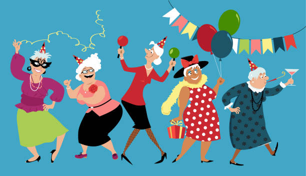 Grannie's birthday Mature ladies celebrate birthday or other holiday together, EPS 8 vector illustration over the hill birthday stock illustrations