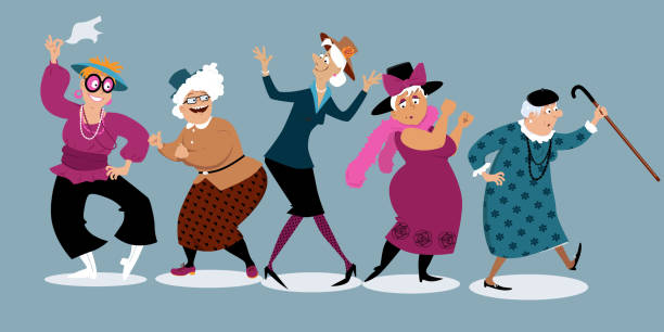 Fun senior ladies Group of active senior women dancing, EPS 8 vector illustration old people dancing stock illustrations