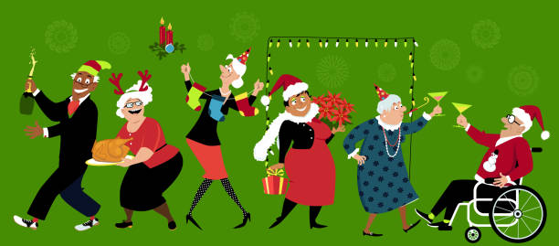 Retirement living Christmas Group of senior citizens celebration Christmas, EPS 8 vector illustration christmas family party stock illustrations
