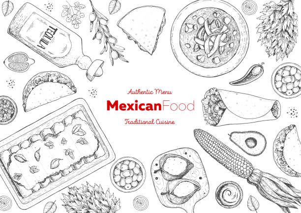 ilustrações de stock, clip art, desenhos animados e ícones de mexican food top view frame. a set of mexican dishes with enchiladas, burritos, tortilla soup, poblanos, tacos. food menu design template. vintage hand drawn sketch vector illustration.mexican cuisine - pepper chili pepper frame food