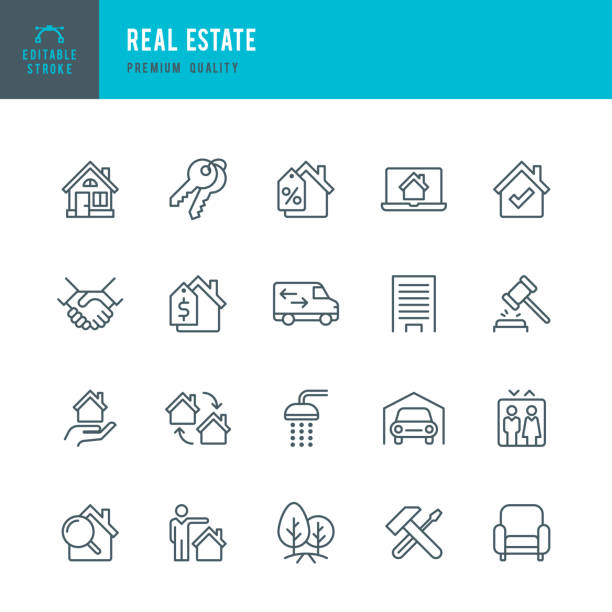 Real Estate - set of thin line vector icons Set of Real Estate thin line vector icons. hand elevator stock illustrations