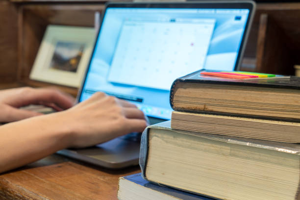 istock working time with laptop on a wooden classic desk 873260800