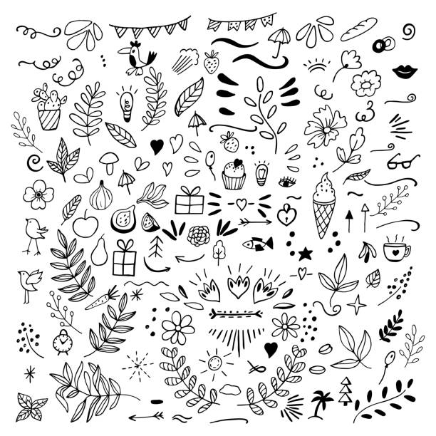 Set of doodles of florals, fruits, arrows, flowers, birds, thing Set of doodles of florals, fruits, arrows, flowers, birds, things for home, eat. Vector illustration doodle stock illustrations