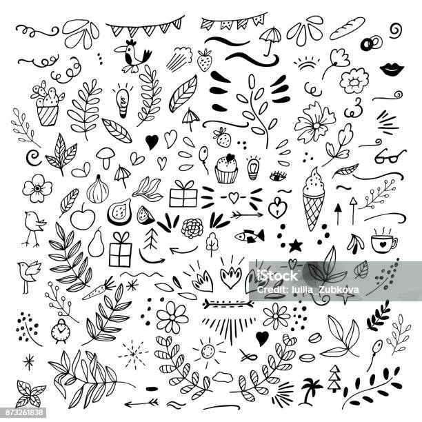 Set Of Doodles Of Florals Fruits Arrows Flowers Birds Thing Stock Illustration - Download Image Now