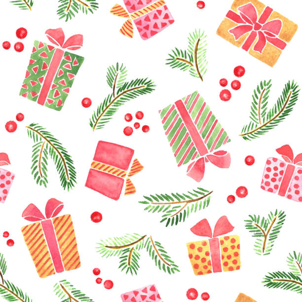 ilustrações de stock, clip art, desenhos animados e ícones de seamless watercolor pattern for christmas and new year. gift boxes and branches of fir tree - gift box packaging drawing illustration and painting