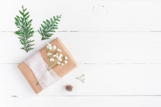 istock Christmas gift on white background . Flat lay, top view 873267566