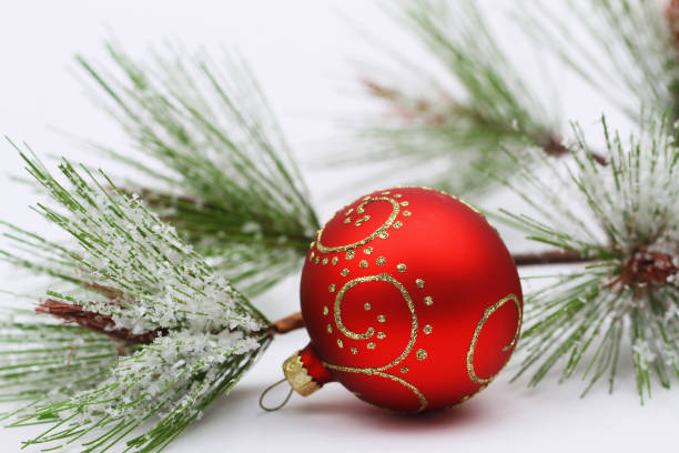 istock Red and golden Christmas bauble with snow covered pine 873270230