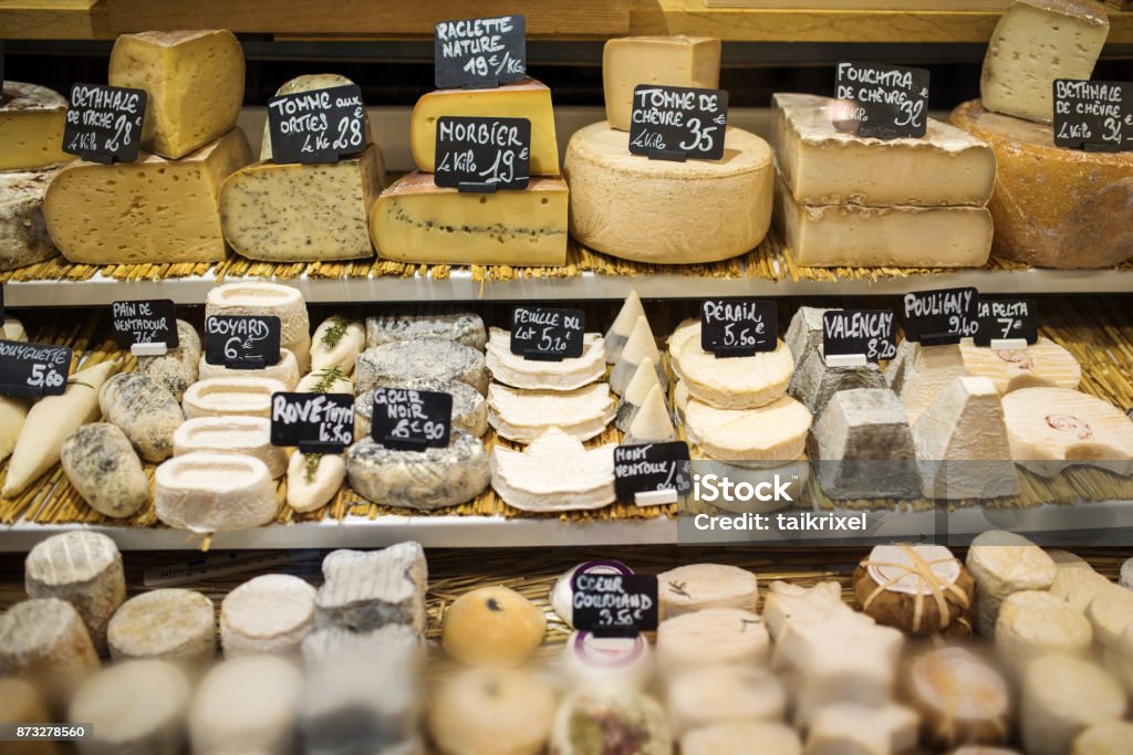 Different type of cheese in store, Paris, France Paris, France: Different type of cheese in a store. France Stock Photo