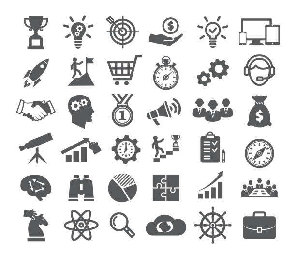Startup icons set Startup icons set on white background leadership drawings stock illustrations