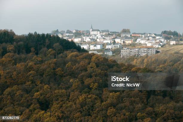 Bourscheid Village On The Hill With Autumn Colors Stock Photo - Download Image Now - Architecture, Autumn, Built Structure