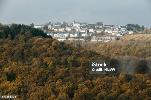 Bourscheid Village On The Hill With Autumn Colors Stock Photo - Download Image Now - Architecture, Autumn, Built Structure