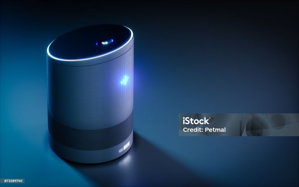 Home intelligent voice activated assistant. 3D rendering concept of hi tech futuristic artificial intelligence speech recognition technology. Voice Stock Photo