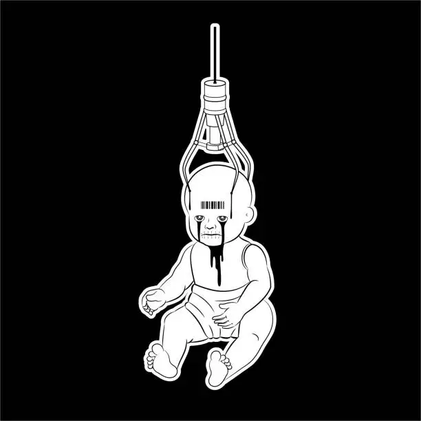 Vector illustration of A mechanical arm selecting baby ghost doll. in claw game machine. tattoo design. illustration hand drawing. symbol for peace, pain, hope, alone, and lonely. illustration vector.