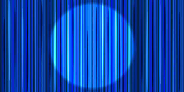 istock Bright blue curtain with round spotlight lighting, retro theater stage wide background 873293000