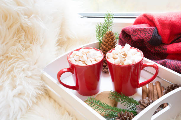istock Red cup of hot chocolate with marshmallow on windowsill. Weekend concept. Home style. Christmas morning. 873313708