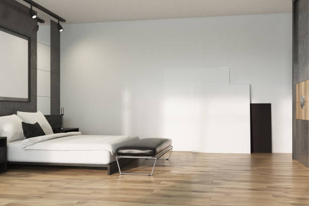 istock Gray loft bedroom, poster on floor 873314598