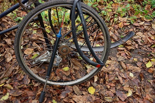 Children bike abandoned on the groundm summertime shot