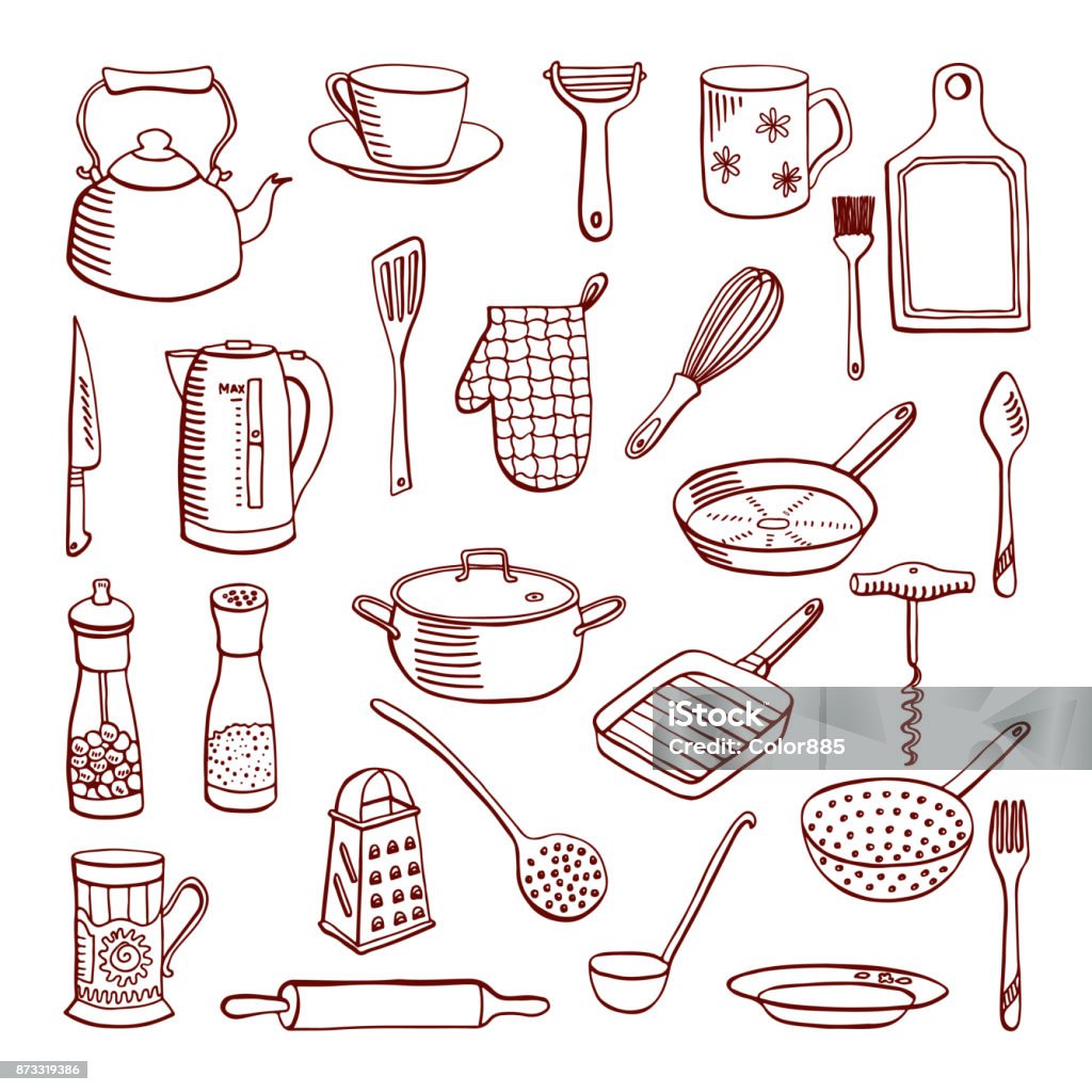 Kitchenware Drawing Doodle Set Of Kitchenware Items Stock Illustration - Download Image Now ...