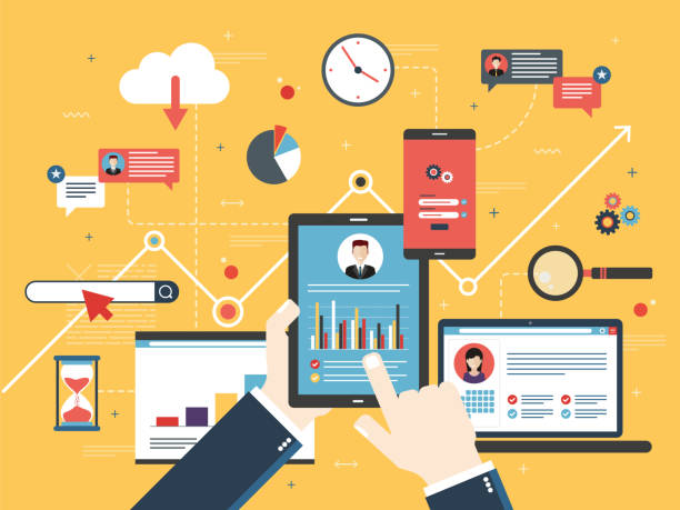 Project management and application development. Hand with tablet with performance analysis, laptop and internet screen with data, search icons and project management, application developments. Concept for successful business in flat vector design. application development stock illustrations