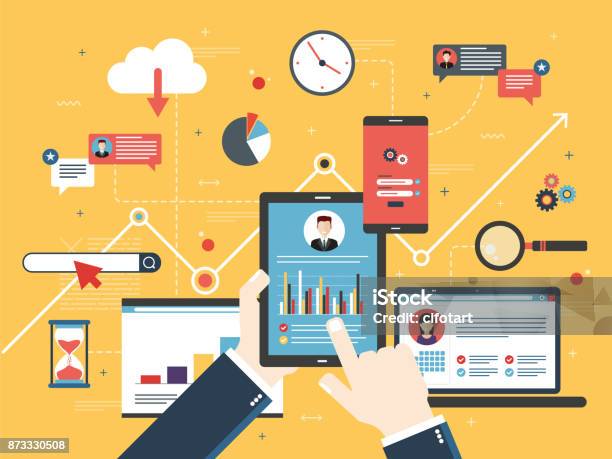 Project Management And Application Development Stock Illustration - Download Image Now - Technology, Marketing, Digital Display