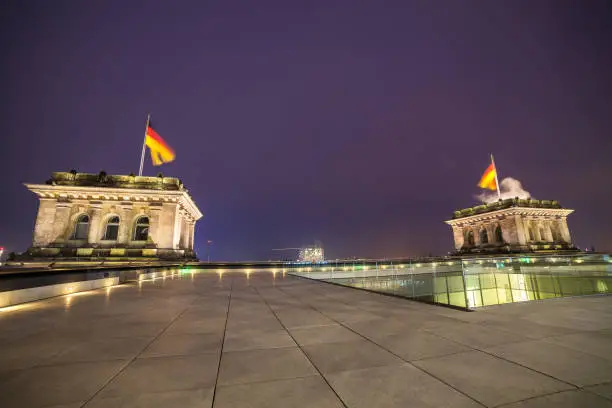BERLIN, GERMANY - FEBRUARY 22, 2017: The illuminated roof of the Reichstag with flags, Berlin, Germany