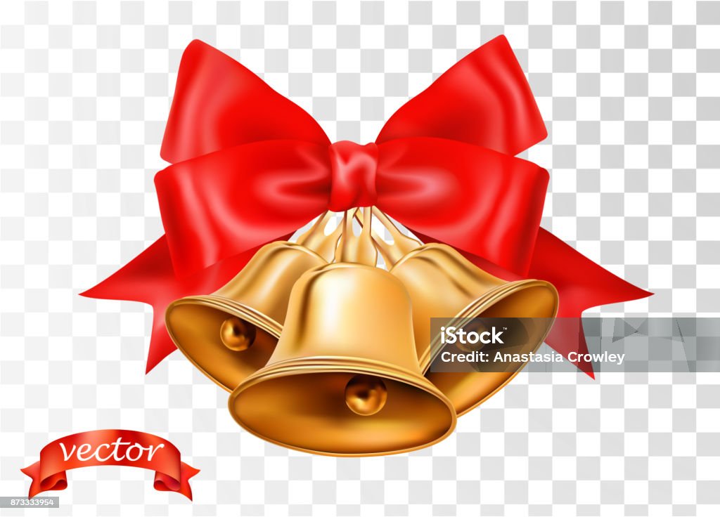 Vector gold Christmas bells, bows and red ribbon isolated on transparent background. Xmas sale decorative elements with vertical ribbons for page, wrap decoration, greeting card and web design Bell stock vector