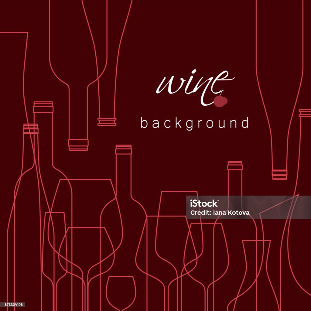 Bottles and glasses for wine. Vector background for menu, tasting, wine card. Illustration with line icons is cropped with a mask. Wine stock vector