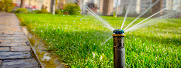 automatic sprinkler system watering the lawn on a background of green grass