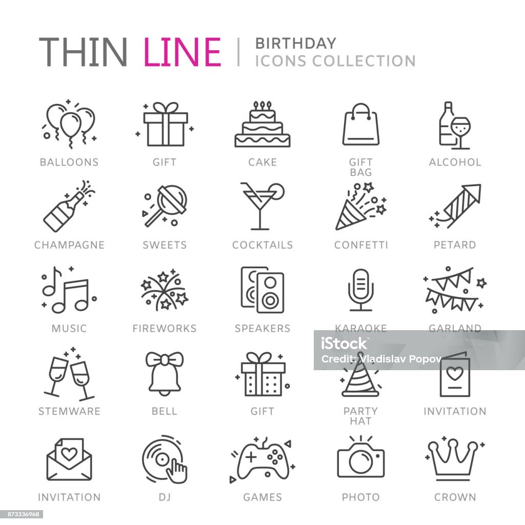 Collection of birthday thin line icons Collection of birhtday thin line icons. Vector eps10 Icon Symbol stock vector