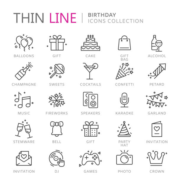 Collection of birthday thin line icons Collection of birhtday thin line icons. Vector eps10 club dj stock illustrations