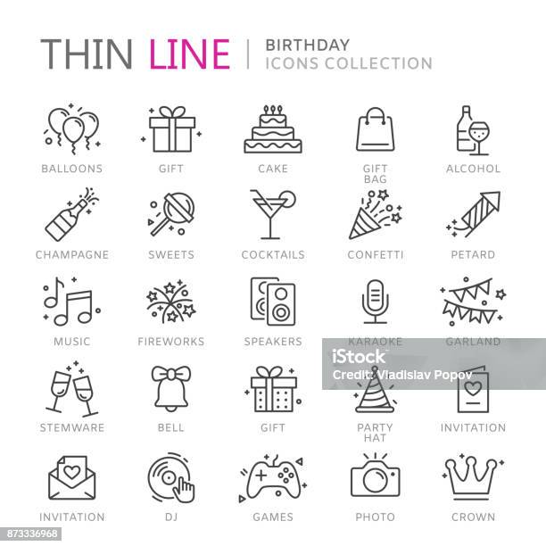 Collection Of Birthday Thin Line Icons Stock Illustration - Download Image Now - Icon Symbol, Birthday, Celebration