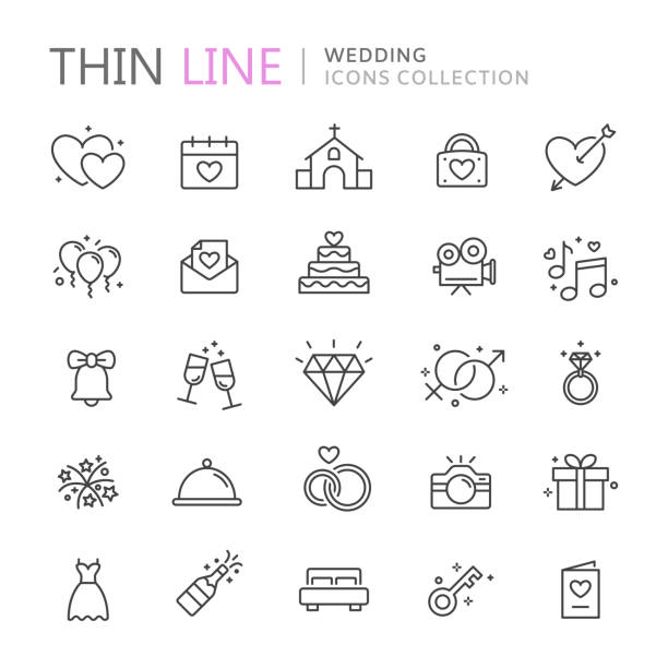 illustrazioni stock, clip art, cartoni animati e icone di tendenza di collezione di icone di linea sottile per matrimoni - wedding