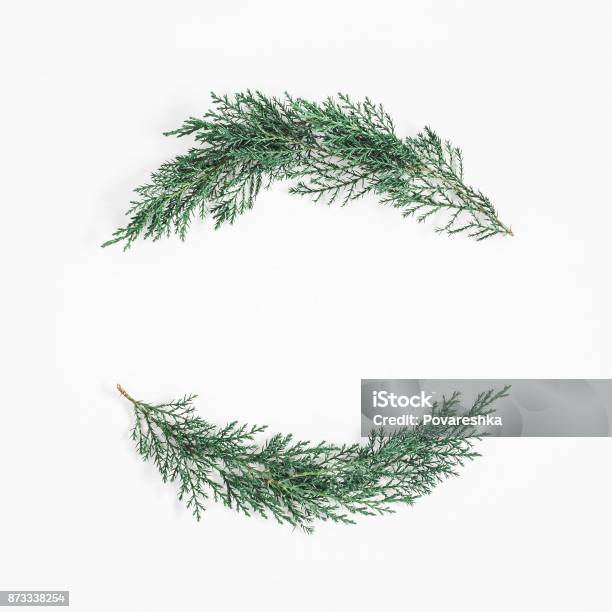 Christmas Wreath Made Of Cypress Branches Flat Lay Top View Stock Photo - Download Image Now
