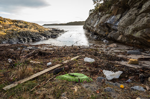 Plastic rubbish on the beach in Dvergsnestangen, Kristiansand in Norway. November 2017.