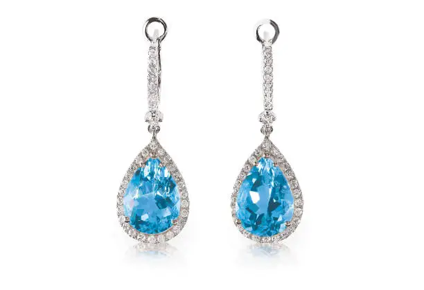 Photo of Beautiful Diamond aquamarine blue turquise topaz gemstone cushion cut pear shape teardrop drop dangle diamond earrings.
