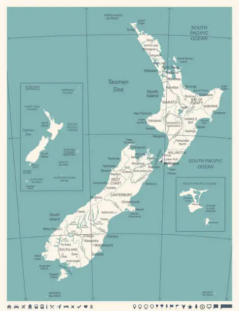 Vector illustration of New Zealand Map - Vintage Vector Illustration