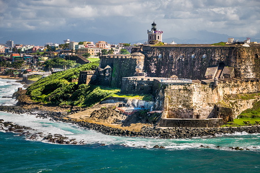 San Felipe del Morro Castle also known as    Morro Castle, is a 16th-century citadel located in San Juan, Puerto Rico. Construction was begun in 1539 by the Spanish to protect and control the entrance of San Juan Harbor. The Port San Juan Lighthouse was added in 1843