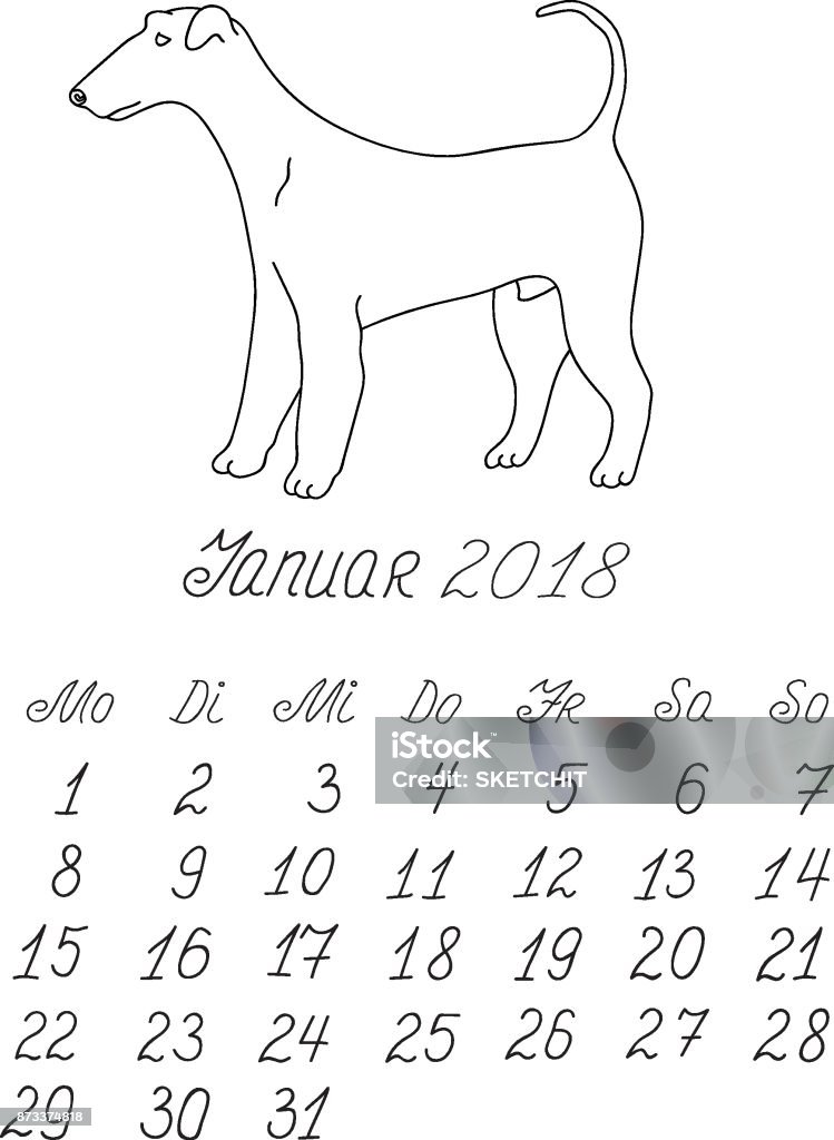 Creative vector freehand drawn doodle monthly german calendar template for year 2018 with illustration of different dogs pedigrees. Lettering, typeface. January, airedale terrier. Editable. Creative vector hand drawn doodle monthly german calendar template for year 2018 with illustration of different dogs pedigrees. Lettering, typeface. January, airedale terrier. Editable. 2018 stock vector