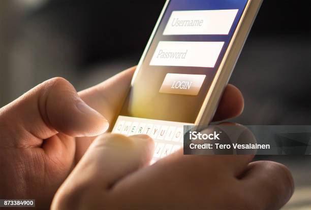 Login With Smartphone To Online Bank Account Or Personal Information On Internet Stock Photo - Download Image Now