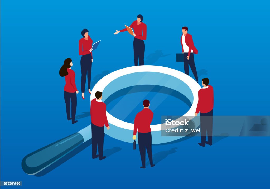 A crowd of people around the magnifying glass Magnifying Glass stock vector