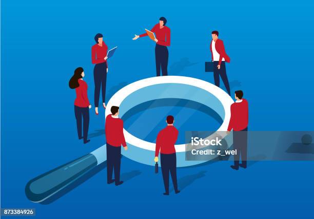 A Crowd Of People Around The Magnifying Glass Stock Illustration - Download Image Now - Magnifying Glass, Business, Isometric Projection
